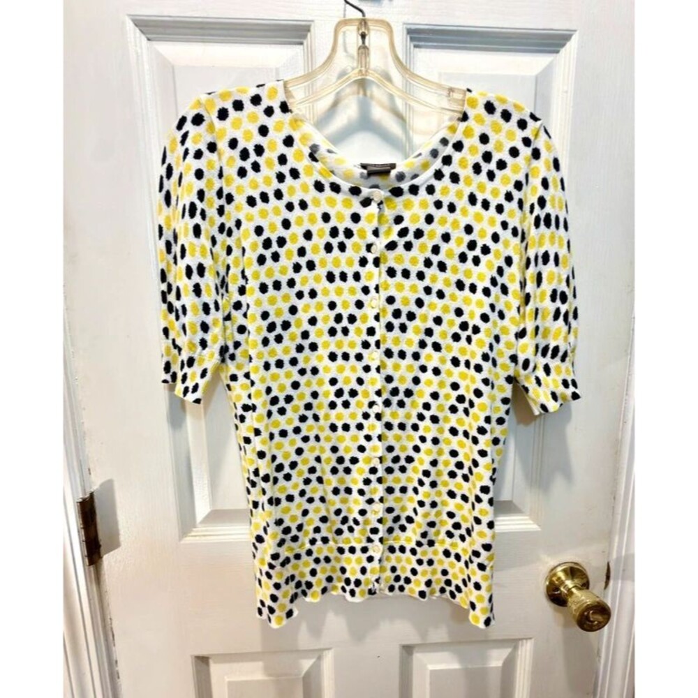 Ann Taylor Yellow & Black Polka Dot Short Sleeve Cardigan